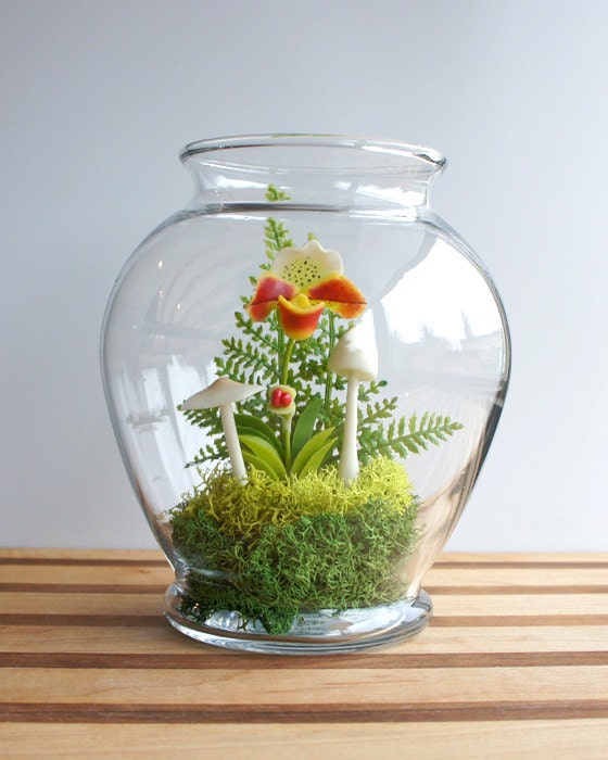 Miniature Sculpted Red & Yellow Lady Slipper Orchid Terrarium