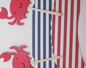 Set of 12 Red and Navy Striped Cupcake Wrappers and Crab Toppers- Beachy Theme, Crab Party, Summer Parties, Nautical