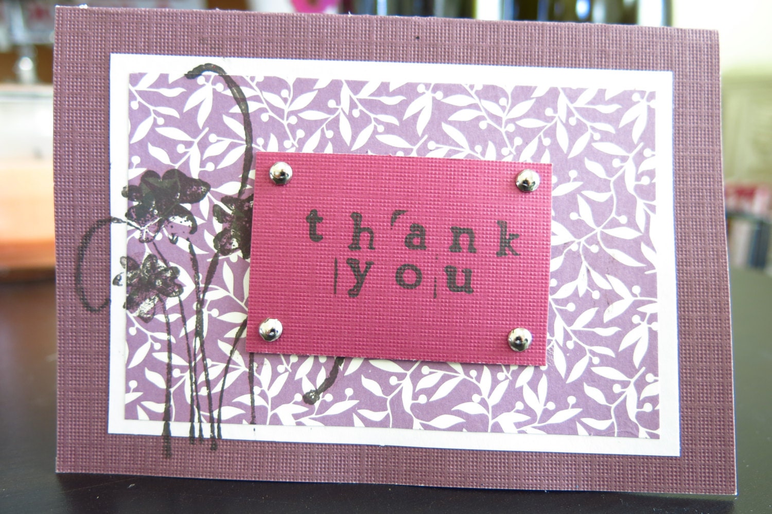 Thank you card for any occasion. Purple, maroon, fuschia, ribbon, embellished, flowers, polka dots, modern, vintage-inspired. Blank inside