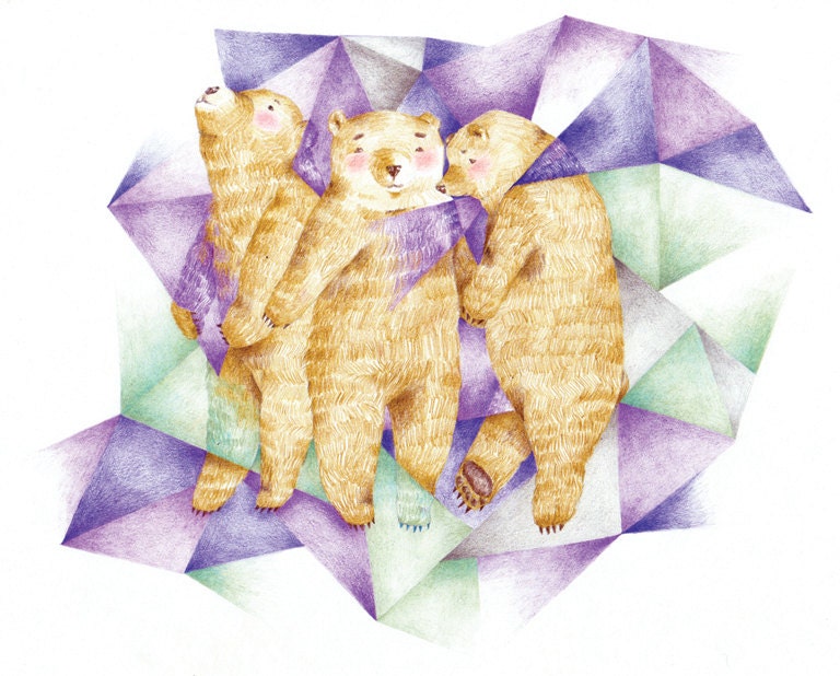 A4 illustration print - Three befriended bears inside a graphic, purple, blue star. Hand drawn with pencil.
