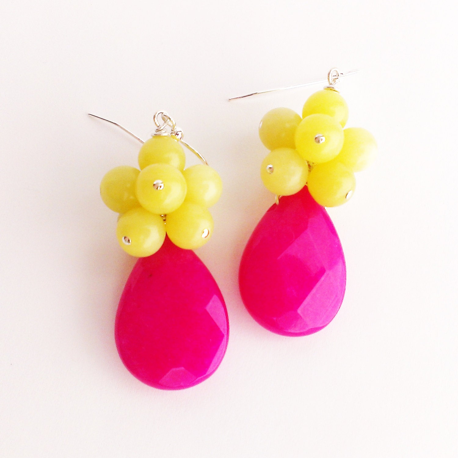 Bright Pink Lemon Yellow Earrings by Kluster Happy Jewelry. Lemon Jade and Bright Pink Jade Earrings. 100% Sterling Silver.