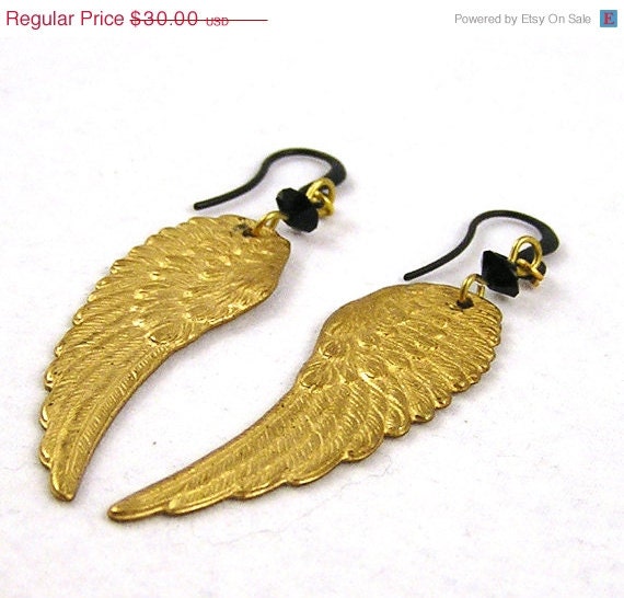 20 % VACATION SALE Black and gold raw brass angel wing earrings