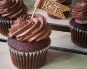 Set of 12-Burlap Flag Cupcake Toppers-Personalized w/ Intials-Wedding/Bridal Shower/Engagement Party-Folk/Rustic/Country