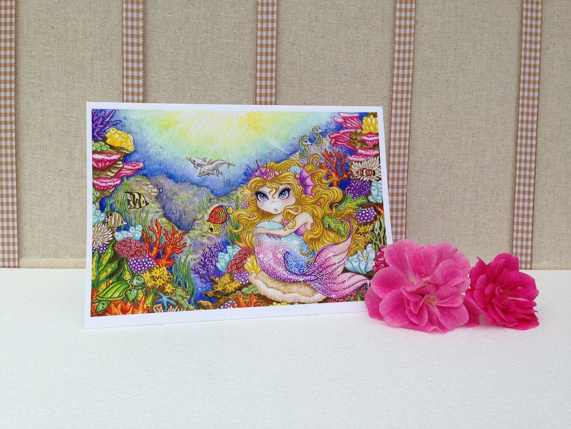 Mermaid greeting card blank, watercolour art card, birthday card, childrens card 5x7 inches