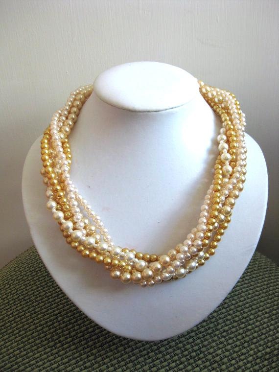Champagne Pearl, Ivory Pearl Necklace, Cream White Pearl Necklace, Multi Strand Necklace, Twisted Necklace, Wedding Jewelry, Bridal Jewelry