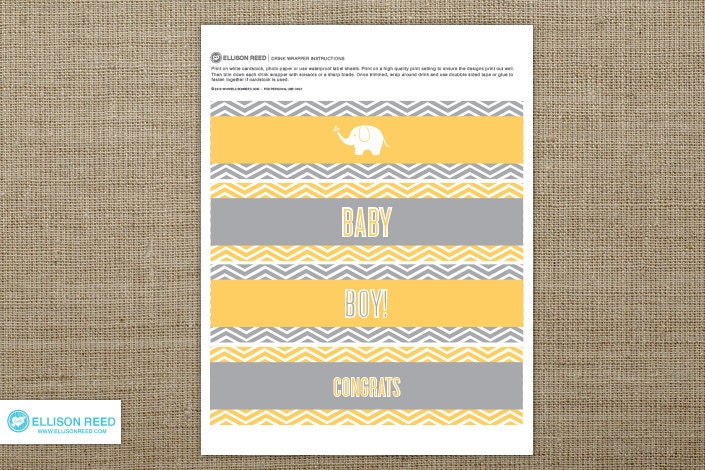 Elephant Baby Shower Printable - Drink Wrap - Chevron - Elephant Printable - Printable Party - Twins - Sprinkle - Boy - Girl - DIY Il_570xn