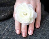 Cream Statement Floral Pearl Ring - Adjustable Fiber Fabric Flower - Cocktail Ring Wedding Accessories Bridesmaids Gifts
