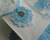 It's A Boy - Sweet Baby Shower Favor Decor Set - 12 Silver Charms with Sophisticated Blue Damask Scalloped Die Cut Flowers