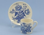 Vintage Demitasse Cup and Saucer, Royal Crownford Charlotte, English Ironstone Transferware, Flower Basket, Blue and White Flowers