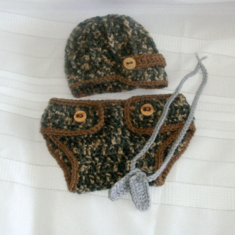 Crochet Boys Army Camo Hat, Diaper Cover & Dog tags Set - Photo Prop Sizes 0-12 Months