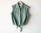 collared GREEN button up down FLORAL tie CROP top