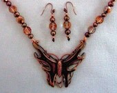 OOAK Copper Enamel Butterfly Pendant Statement Necklace Earrings with Freshwater Pearls Faceted Glass Beads, Rhinestones