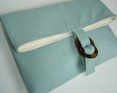 Seafoam blue green large canvas foldover clutch with tortoise buckle