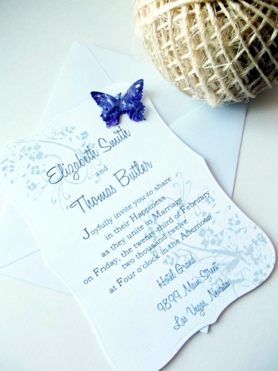 50 Butterfly Wedding Invitations - Vintage Die-Cut Invitation, Purple and White