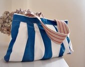 Striped cotton bag in bright blue and white Spring summer bag with jute handles for her Sporty bag Everyday accessory for women