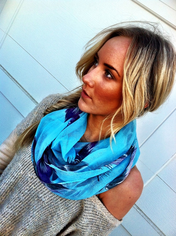 Feather Infinity Scarf Feather Print on Light Aqua Blue Circle Scarf Lightweight Wide Gauze Scarf Women's Fashion Accessory