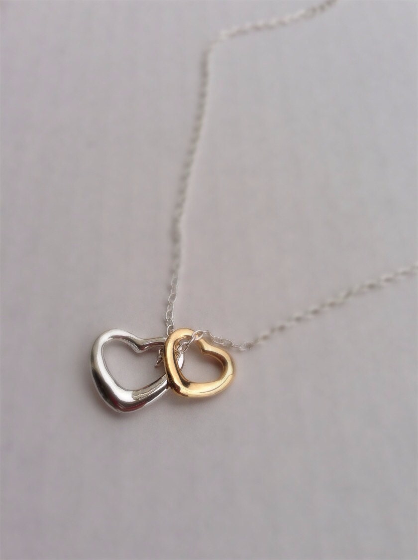 Open Hearts Pendant Necklace Gold and Silver Hanging Hearts Necklace Two Hearts  Charm Necklace Mother's Day Love Necklace