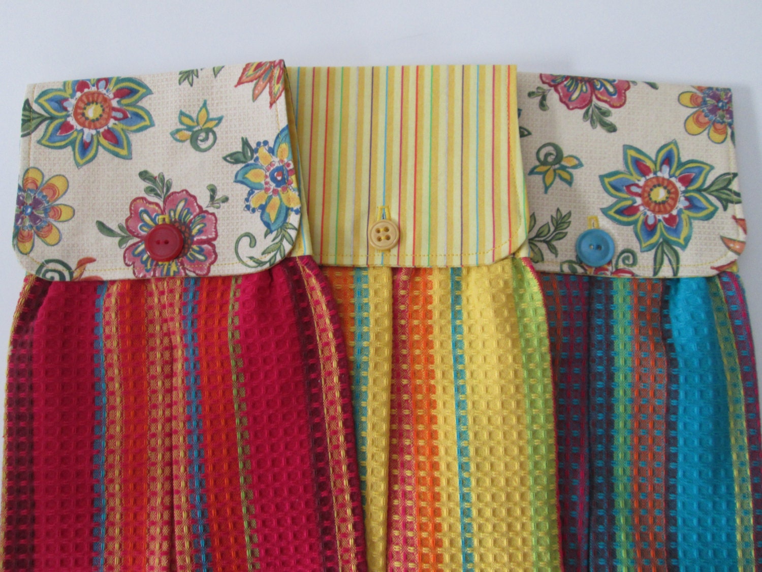 Hanging Kitchen Towel Set- Modern Floral/ Yellow Striped Cotton Print Fabric On Striped Multi Colored Woven Towels Button Closure