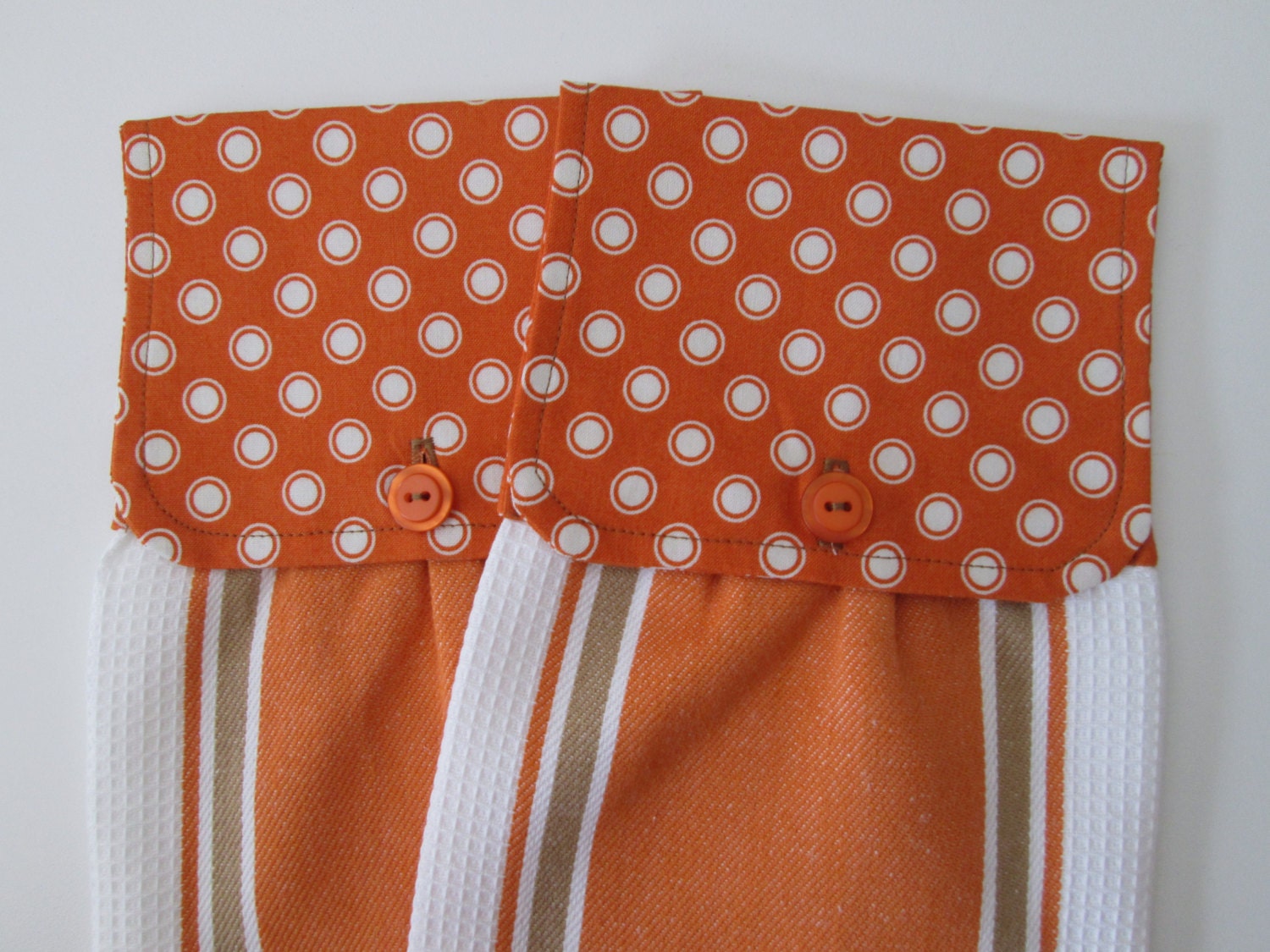 Hanging Kitchen Towel Set-Modern Orange White Polka Dot Fabric Cotton Woven Striped Towels Button Closure