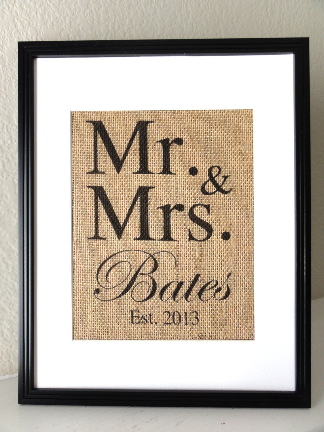 Burlap Art, Personalized Mr and Mrs, Gift for Weddings, Engagements, Showers, Announcement, Print or Sign