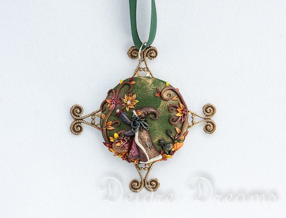 Pagan Wiccan Woodland Autumn Witch Art Pendant - Original Wearable Art Jewelry - Unique Cameo Sculpted - Wiccan Halloween Fall Jewelry