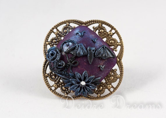 Goth Bat Ring - Polymer Clay Flower Cameo - Filigree Adjustable Novelty Statement Ring - Dark Goth Halloween Bat Jewelry