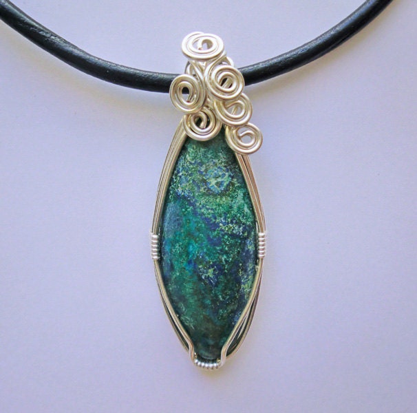 Beautiful Chrysocolla pendant wrapped in silver with custom leather cord necklace N96
