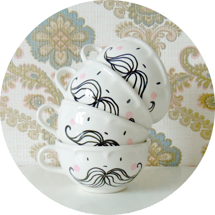 set of 4 vintage hand painted moustache cups