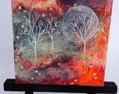 Orange Mixed Media Mini Painting with Easel-Fireflies-Ghost Trees