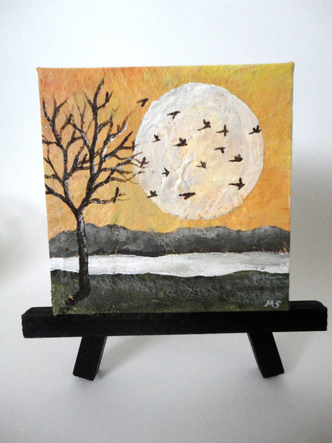 Mini landscape painting and easel-3"x3" acrylic on canvas-tree, sun, lake, mountains, and birds