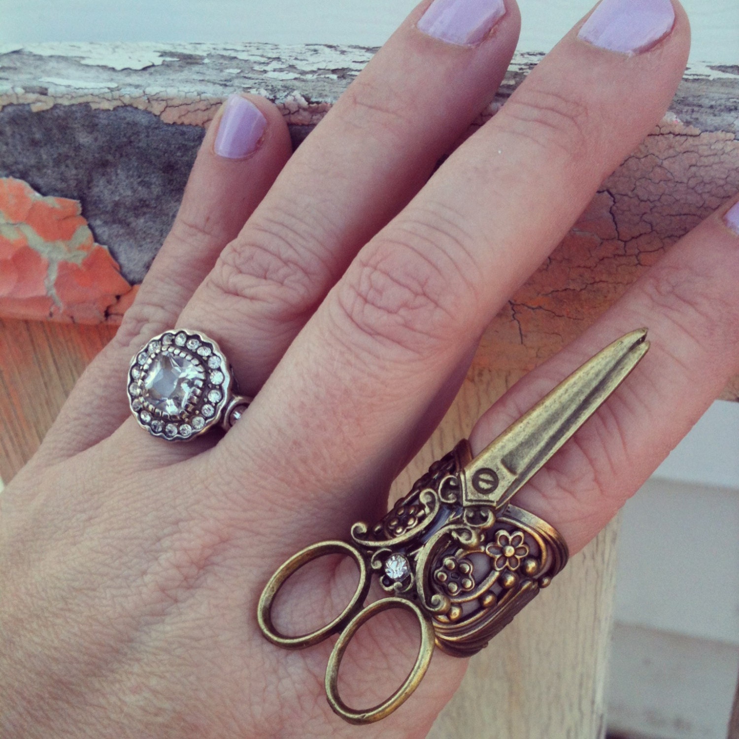 NEW scissor rhinestone ring antique bronze adjustable sizes 5 6 7 8 9 10 11