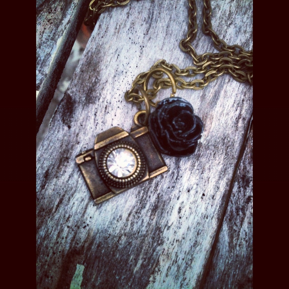 CAPTURE the moment CAMERA NECKLACE antique bronze chain photography photographer gift teal coral red black cream rose dahlia mum flower