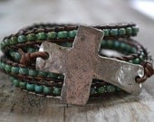 Cross and wings 'she flies with her own wings', turquoise, distressed brown leather 5x wrap bracelet, Rustic Country-Boho chic