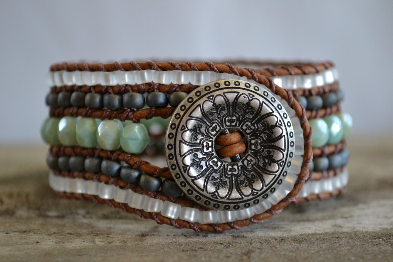 Surfer girl beaded cuff bracelet "Aqua/Mint, Charcoal and white", Brown leather, very rustic-boho chic, bohemian, gypsy