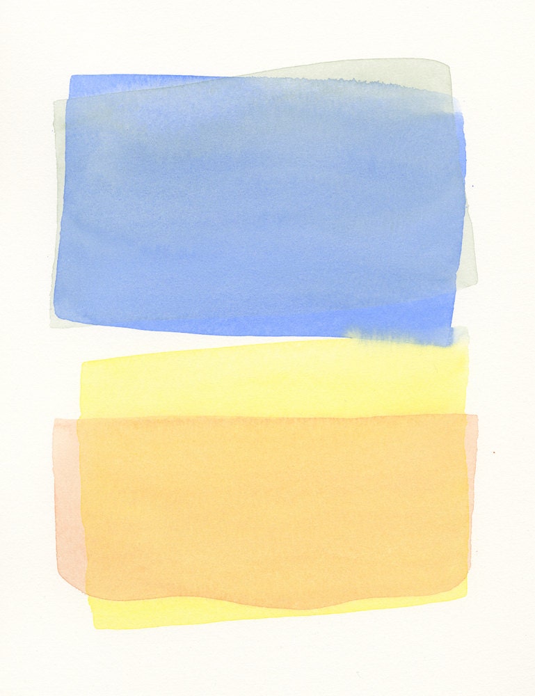 large original watercolor painting, shifting blue, yellow, peach, and grey, modern watercolor painting