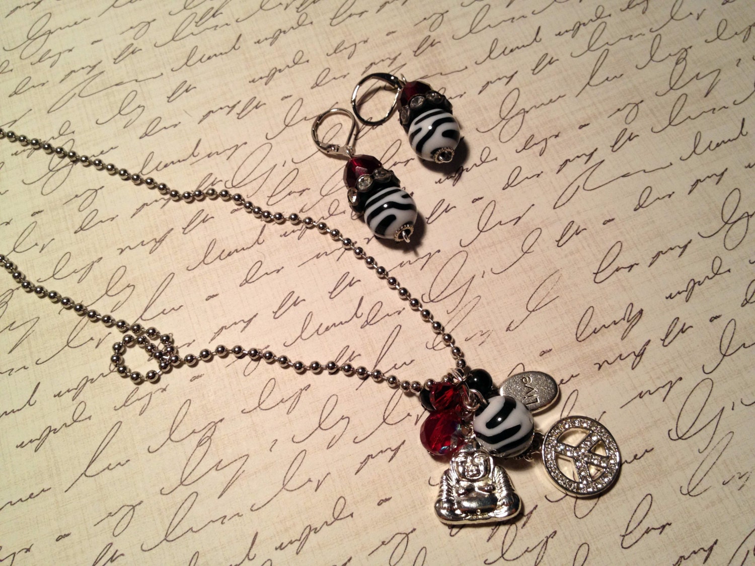 Peace Sign and Buddha Charm Necklace and Earring Set FREE SHIPPING in the USA