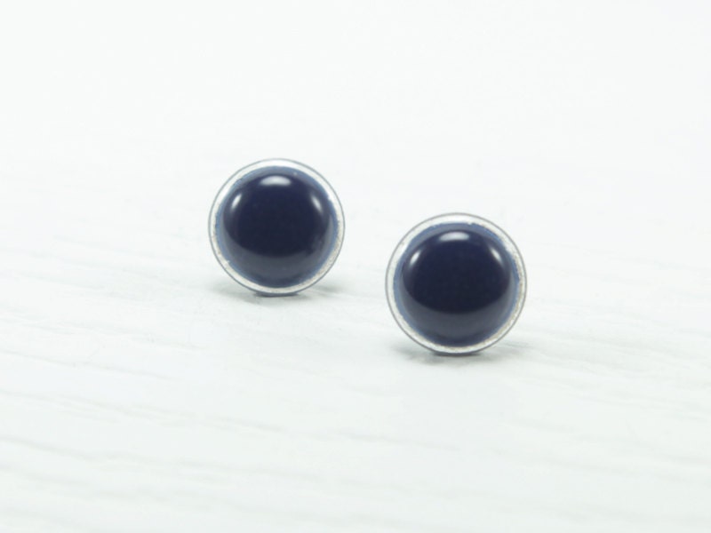 Navy Blue Stud Earrings 12mm - Dark Blue Studs - Sodalite Blue Posts - Small Ear Stud - Polymer Clay and Resin Stud Earrings by Biesge