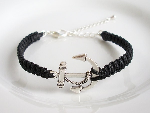 Custom Color Silver Anchor Charm Bracelet, Adjustable Square Knot Friendship Macrame Bracelet