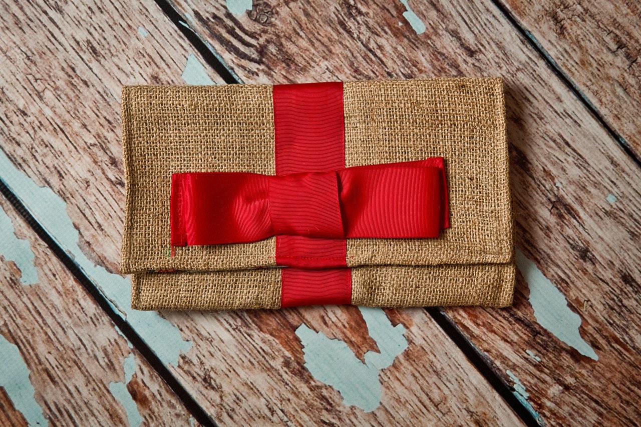 Burlap Clutch inspired by Kate Spade-  Dark Red Grosgrain Ribbon