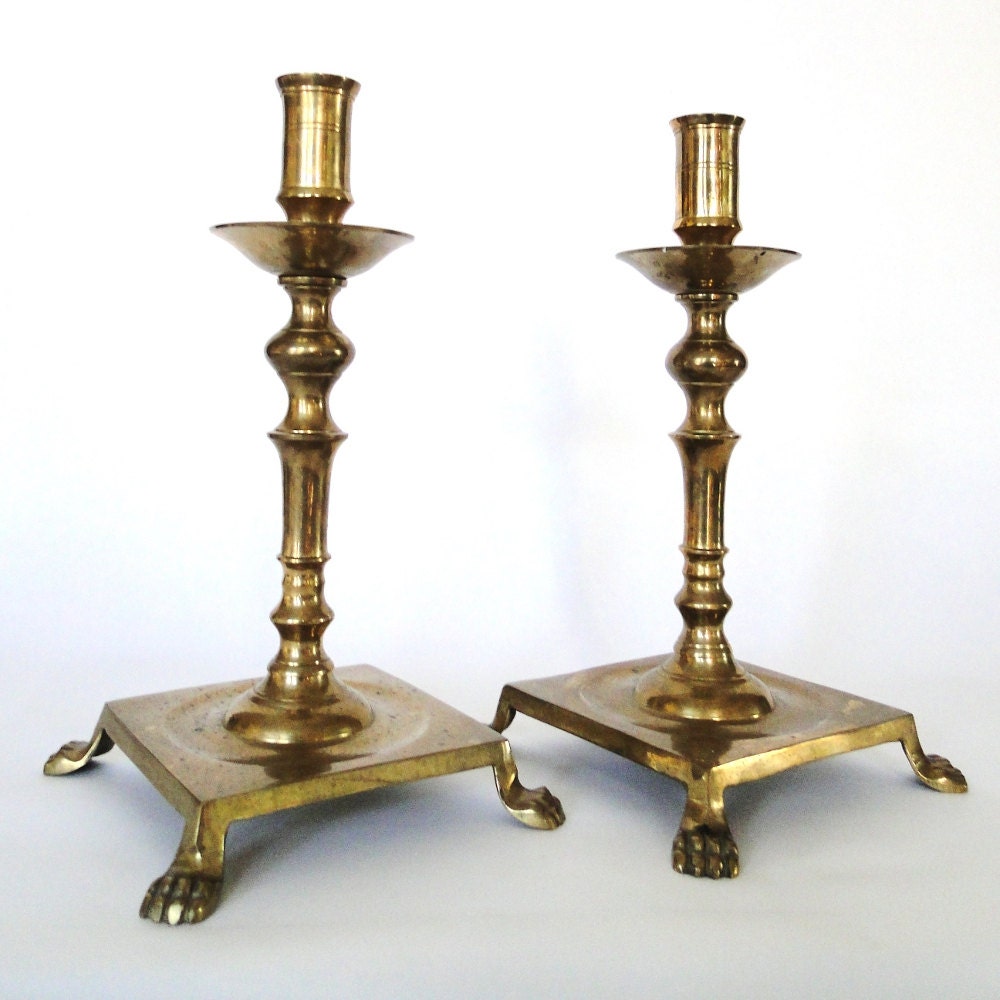 Vintage Brass Candle Holder Lions Feet Candlestick Tapered  Brass Square Animal Paw Base Four Footed Animal Claw Unique Home Eclectic Table