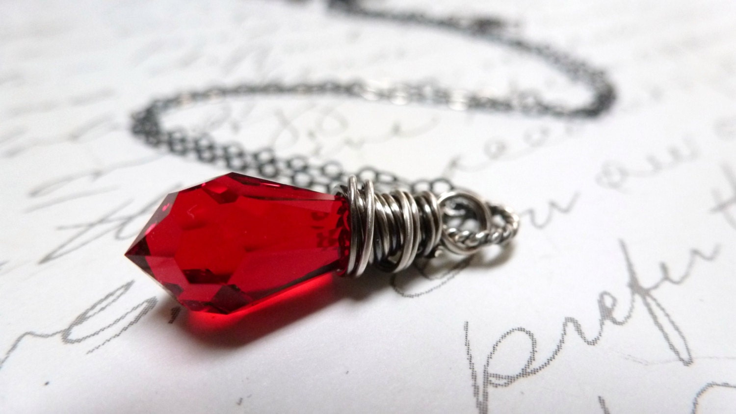 Ruby Red Crystal Necklace / Oxidized Sterling Silver / Wire Wrapped / July Birthstone / Faceted Pendant / SimplyJoli