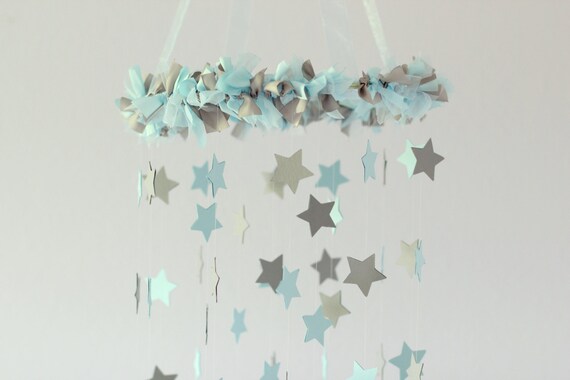 Boy Nursery Decor - Nursery Mobile Stars in Baby Blue & Gray