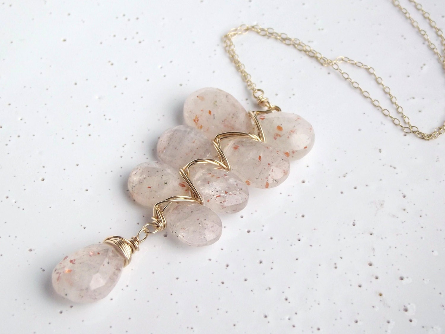 Woven Necklace, Pink Necklace, Graduated Necklace, Copper Rutilated Quartz & 14k Gold-filled Woven Necklace