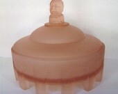 Deco Taussaunt Pink Depression glass Court Jester powder jar box 1920s Rare male figure  vanity accessories