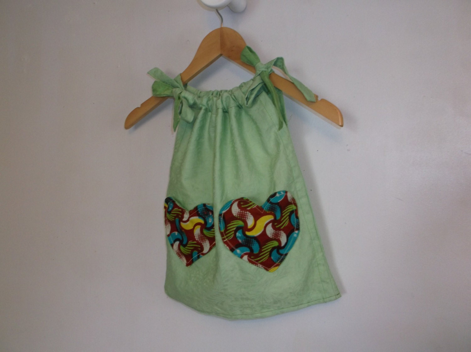 Girls Dress,  bright  green, Pillow Case dress,  T dress with straps, mixed print heart pockets, Custom Order