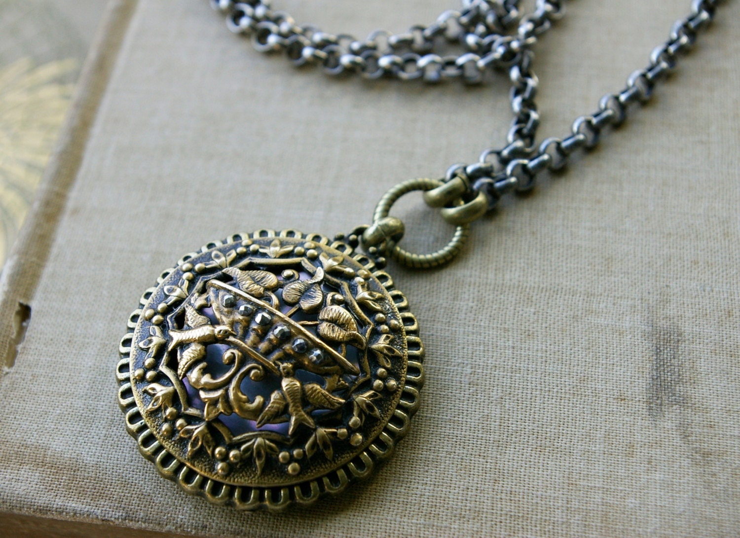 Antique Metal Button Necklace, Spectacular detailed with cut steels, Very Large Pendant on long chain Vintage Button Necklace