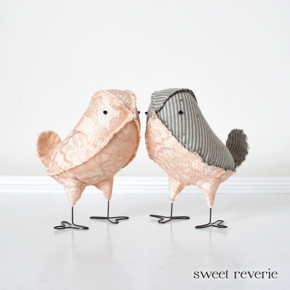Love Birds Wedding Cake Toppers, Pale Blush Pink Lace and Grey Pinstripe Fabric Birds, Winter Spring Summer Wedding - Made to Order - asweetreverie