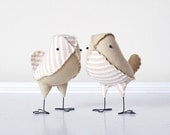Bird Wedding Cake Topper - Mini Vintage Tan and White Stripe Seersucker and Muslin Love Birds, Neutral Rustic Wedding Decor - Made to Order