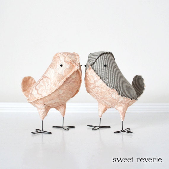 Love Birds Wedding Cake Toppers, Pale Blush Pink Lace and Grey Pinstripe Fabric Birds, Spring Summer Wedding - Made to Order