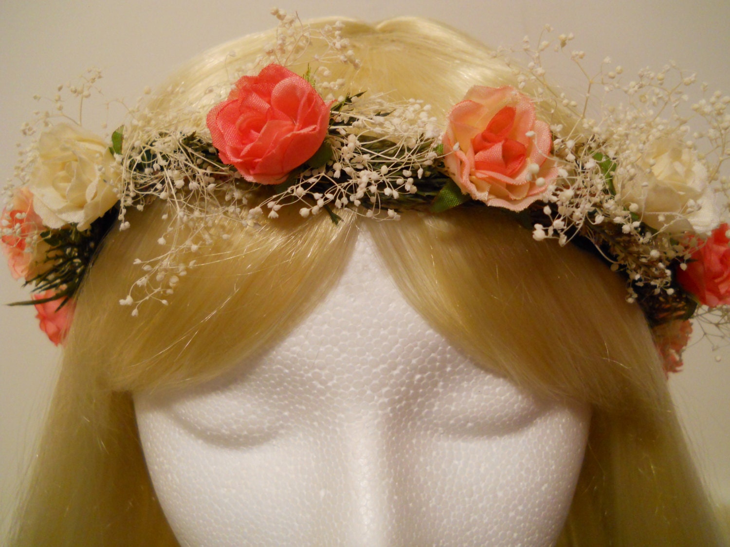Flower Crown, Head Wreath, Coral, Peach, Rose, Babies Breath, for Wedding, Flower Girl, Bridal, Hair Accessories, Summer, Festivals,Tiara